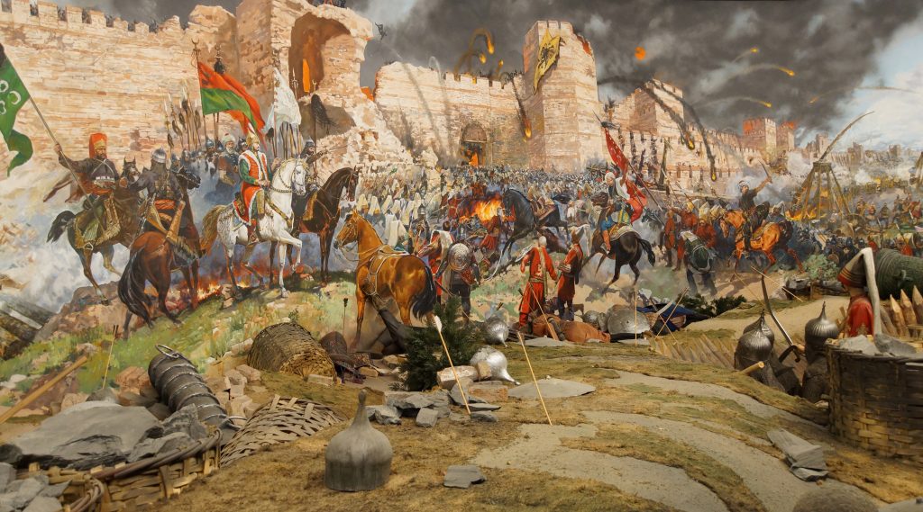 Final assault and the fall of Constantinople in 1453. Captured by Mehmet. Diorama in Askeri Museum, Istanbul,  Turkey