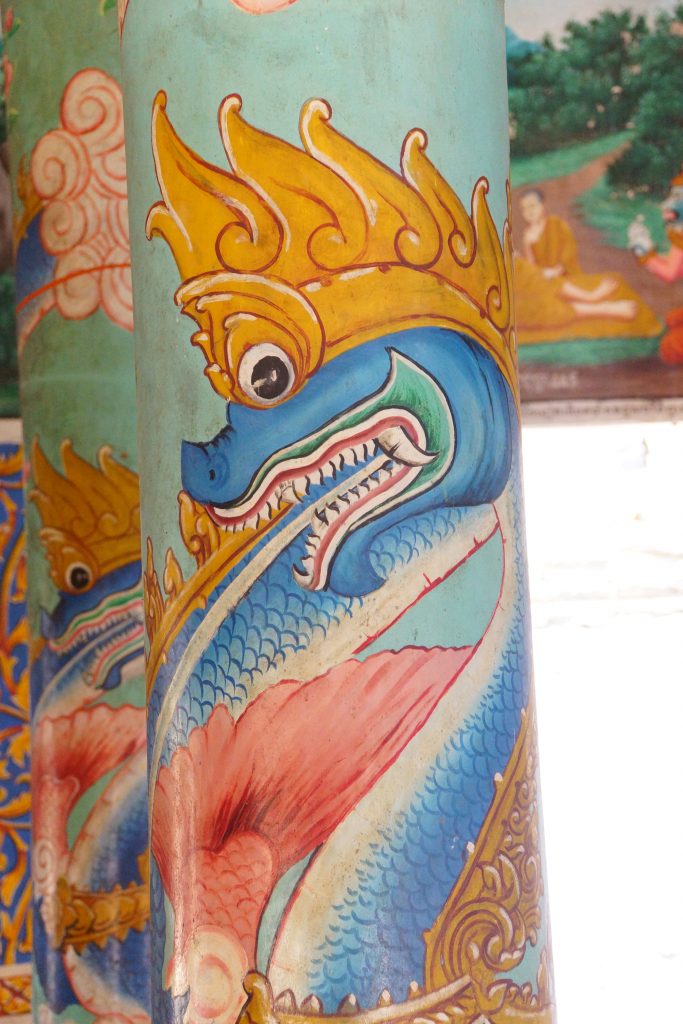 Dragon head painting on column Wat Nokor, 8th century,  Cambodia