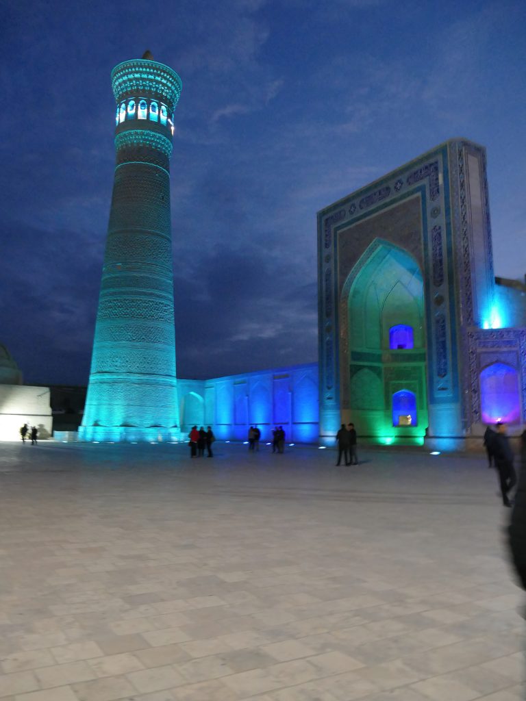 Evening lights on minaret, Bukhara, Uzbekistan
