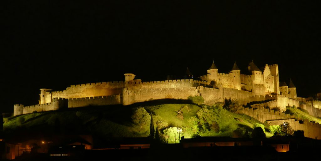 Night lights on the ramparts, city walls and castle towers of medieval Carcassonne, France