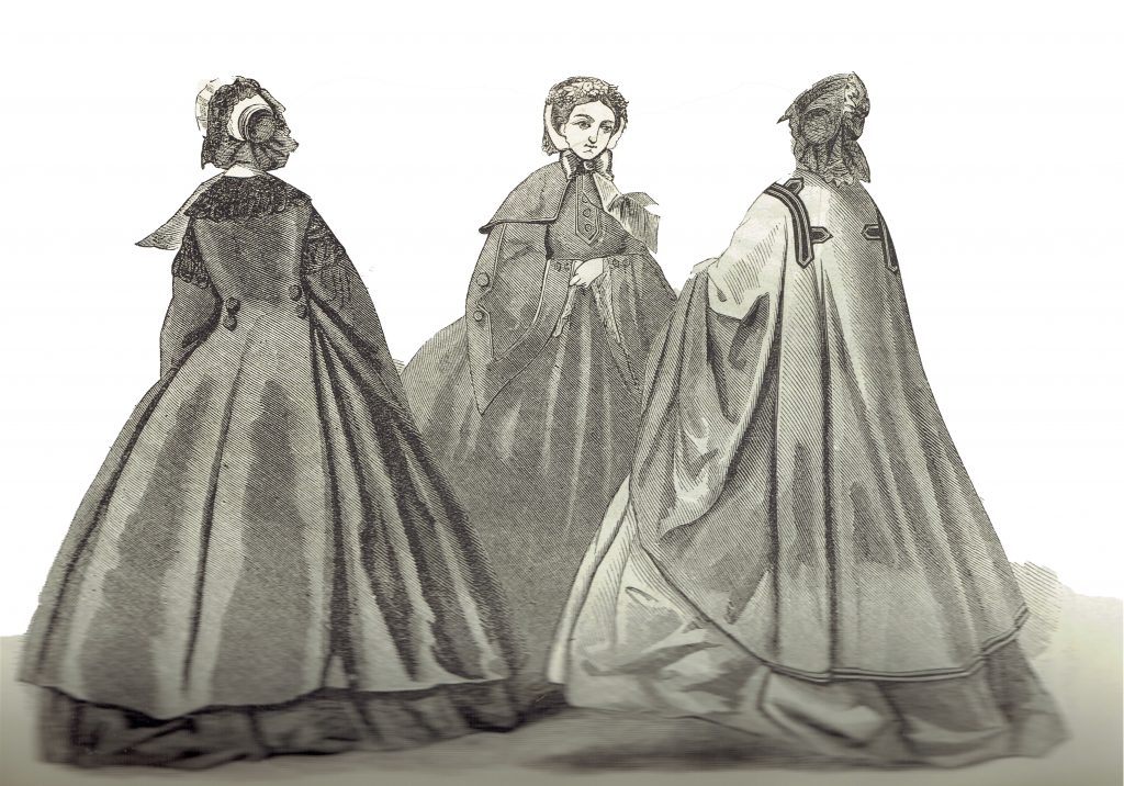Women wearing Victorian fashion era dresses, Civil War era, from 1861 Godey's Lady's Book published in Philadelphia