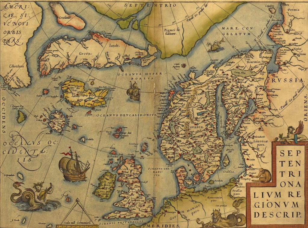 Antique Map of the North Sea - England, Scandinavia and Iceland  vintage chart by Abraham Ortelius, circa 1570
